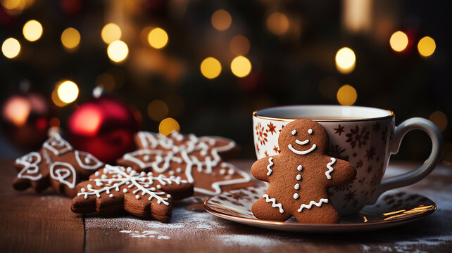 tazza bianca con cioccolata e biscotti di pan di zenzero di Natale, sfondo sfocato con lucine di natale, 