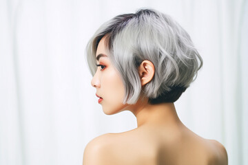 The rear view of a young Asian woman with extremely short hair, accentuating the silver tones in her hair against a pastel green and white background. Generative AI.