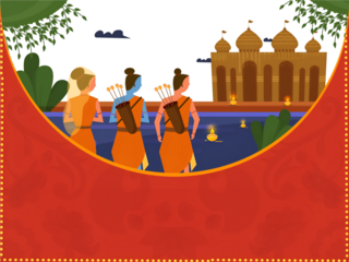 Back View Of Hindu Lord Rama with His Wife Sita and Brother Lakshman on Decorative Ayodhya Background For Happy Diwali Celebration.