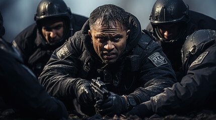 Two multiracial police officers target suspects Police use weapons to threaten suspects Criminals place their hands on their heads in compliance. Police were able to arrest him successfully