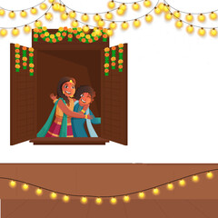 Happy Diwali Celebration Concept with Indian Kids Hugging to Each Other at Window and Lighting Garland Decorated Background.