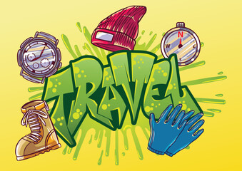 Illustration with street graffiti letters, tags, words, street art, style, spray paint, emoji, fresh and colorful vector illustration.