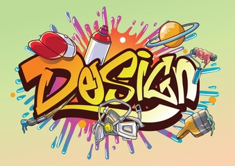 Illustration with street graffiti letters, tags, words, street art, style, spray paint, emoji, fresh and colorful vector illustration.