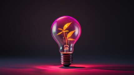 Light Bulb with a plant. Black and pink background
