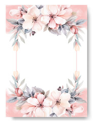 frame with peach azalea floral watercolor background of wedding invitation. Rustic wedding card.