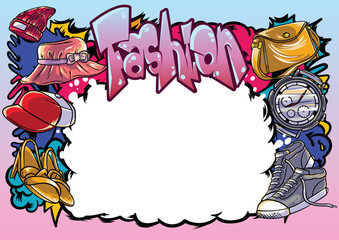 Graffiti illustration with street graffiti letters, tags, words, street art, style, spray paint, emoji, fresh and colorful