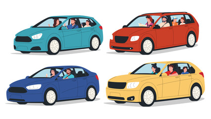 People travel by car. Road trip of happy cheerful people. Car trip with family and friends. Vector illustration