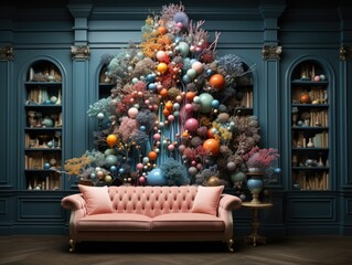 Modern interior of a photo studio - a pink sofa with a cortical tie and an installation in the form of a coral tree with balls of different colors.