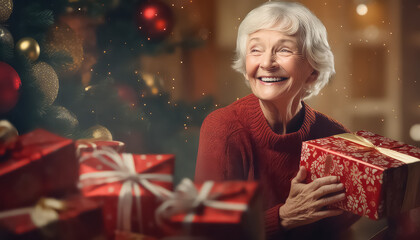 Obraz na płótnie Canvas Cute mature woman happy giving and receiving Christmas gifts
