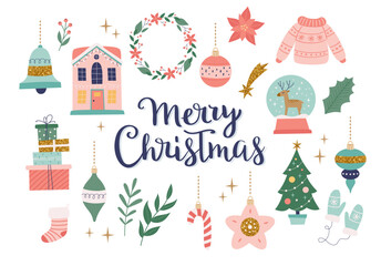 Christmas and New Year collection of cute seasonal elements with calligraphy. Isolated a white background. Hand drawn vector illustration
