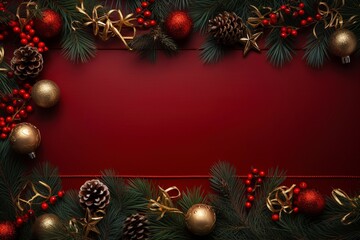 Fototapeta na wymiar a luxury christmas border with christmas brance, gifts, pine tree leaf, little lamps decoration, red premium metal background for flat lay, generative ai