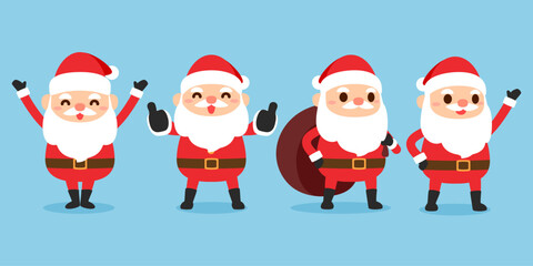 Set Cute Santa Claus stand, laugh, hold a bag, and thumbs up, isolated on a blue background. Vector illustration cartoon flat design.