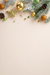 Christmas magic in vertical photo: top view gleaming tree ornaments, green, orange, and gold...