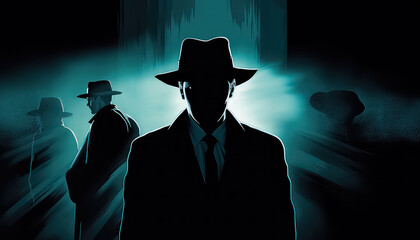 A man in a suit hides his face behind a hat on a dark background with the concept of incognito - obrazy, fototapety, plakaty