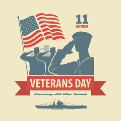 Veterans day poster template. US Navy sailor and US Army soldiers saluting against USA Flag. Vector illustration