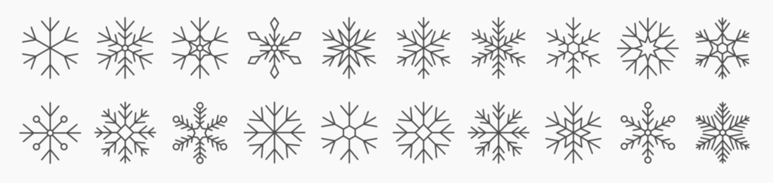 Big set of linear snowflake icons. Editable stroke outline
