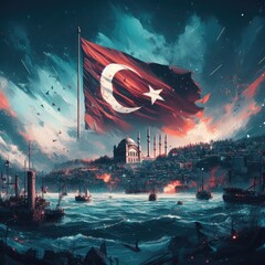 Turkey illustration background with flag - obrazy, fototapety, plakaty