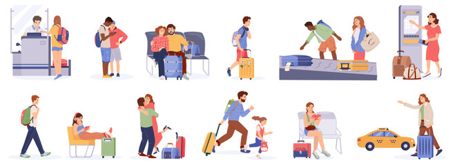 Fototapeta premium Set of people hurrying with suitcases navigating busy airports, stations Group of tourists with luggage arrival, departure Couple people with baggage traveling vacation Flat vector traveler characters