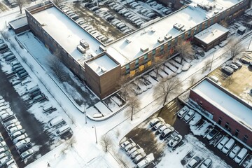 Aerial view of snow-covered parking lot in winter courtyard. Generative AI - obrazy, fototapety, plakaty