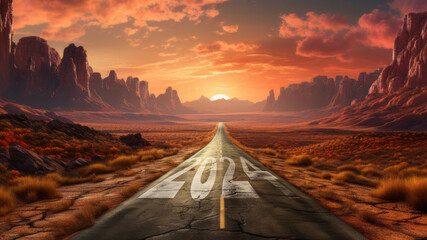The majestic journey in 2024: Happy New Year with sunrise on the country road