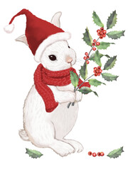 ヒイラギを持つ兎のサンタクロース　クリスマスの素材として　水彩画　手描きアート