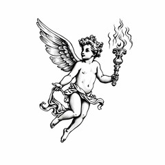 Flying little angel with a torch in his hand. Cute angel Cupid with wings. Black and white illustration. Design for tattoo, stickers