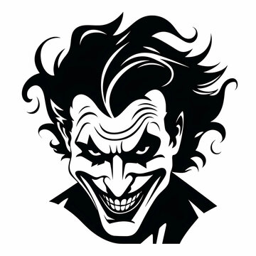 Evil laughing clown, design for tattoo. Black and white illustration on a white background. Design for t-shirt