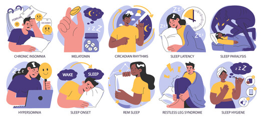 Insomnia set. Diverse characters suffering from sleep deprivation. Sleep and mental disorder. Sleep hygiene and stages. Circadian rhythm maintaining. Flat vector illustration. - obrazy, fototapety, plakaty