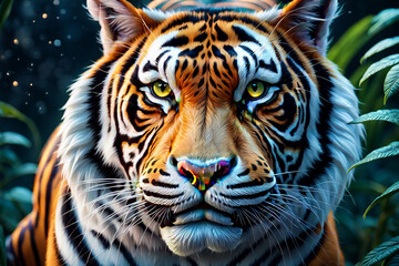 A realistic tiger with twinkling eyes in the jungle forest at night