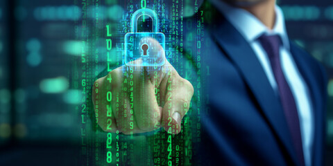 Businessman point to lock graphic show data encryption for cyber security technology concept