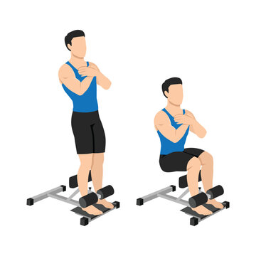 Man doing sissy squat on a machine exercise. Flat vector illustration isolated on white background