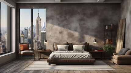 Camera da letto con arredamento moderno  con ampia vetrata sulla città  - obrazy, fototapety, plakaty