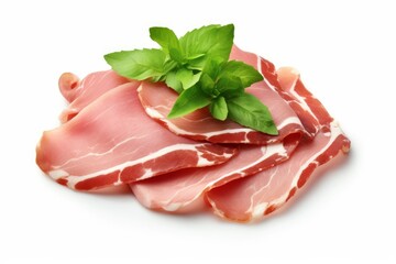Slices of tasty italian ham and basil leaves. Serrano eat bread snack meat. Generate Ai