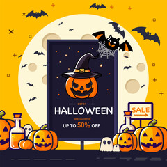 Halloween Sale Promotion Poster template  Halloween pumpkins  with moon silhouette background. Website spooky or banner template