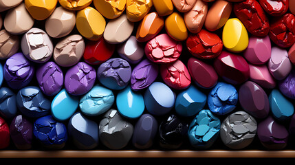 Many multi-colored lipsticks, pattern, colored background