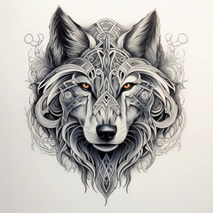 Wolf head. Scandinavian style. Stylized wolf head from front view. Black and white design for tattoo. Tribal tattoo of the wolf head in Celtic and Nordic ornament flat style design - 670044104