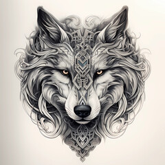 Wolf head. Scandinavian style. Stylized wolf head from front view. Black and white design for tattoo. Tribal tattoo of the wolf head in Celtic and Nordic ornament flat style design - 670044109