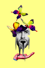 Collage inspiration picture confused funny guy face leaks in his creative imagination where only...