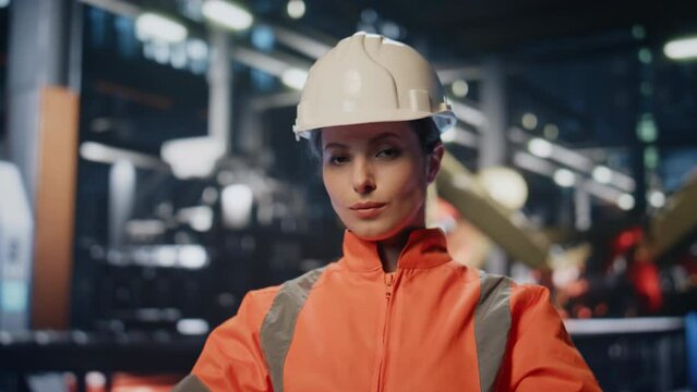 Woman putting protective helmet. Heavy industry worker smiling camera closeup
