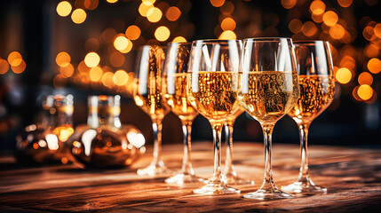 Glasses of champagne on a table during Christmas or New Year's celebrations