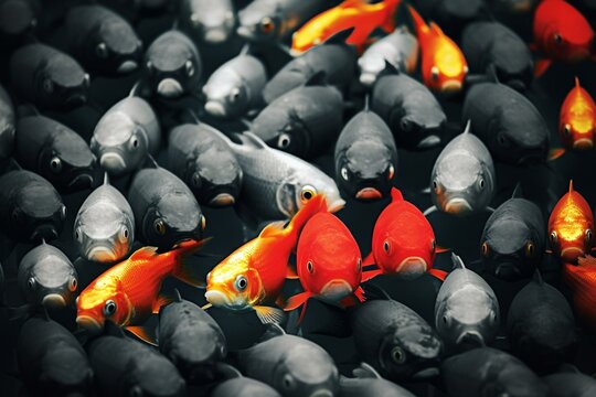 An image depicting the odd one out, symbolizing diversity, inclusion, bullying and harassment. A unique fish swimming upstream. Generative AI