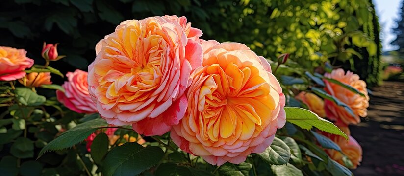 In June 2012 a garden displayed Alfred Sisleys striped orange pink double Shrub rose blooms