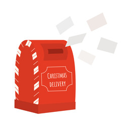 Mailbox with a lot of letters from children for Santa Claus. Classic decorative red Christmas post box with envelopes and candy cane.	Christmas delivery