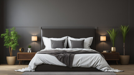 Bellissima camera da letto con toni grigio scuri e atmosfera elegante e minimalista - obrazy, fototapety, plakaty
