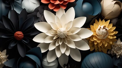 A vintage and classic seamless pattern featuring 3D colorful paper-cut origami flowers