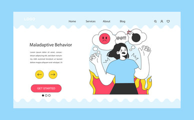 Maladaptive behavior web banner or landing page. Neurosis, chronic stress and anxiety mental disorder. Angry furious cursing woman expressing negative emotions., Flat vector illustration - obrazy, fototapety, plakaty