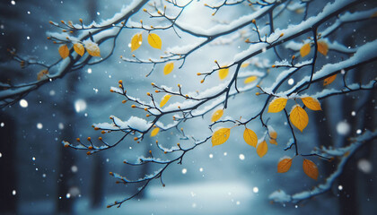 A peaceful winter setting where snowflakes gently settle on tree branches. The branches still hold onto a few bright yellow leaves