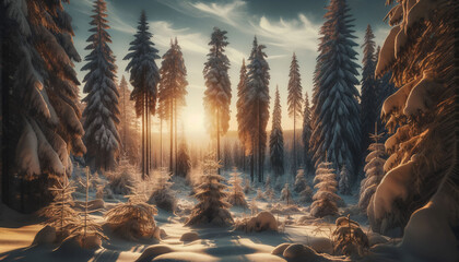 A peaceful snowy forest scene in Norway. Tall coniferous trees, blanketed in fresh snow, stand tall against the backdrop of a setting sun - Powered by Adobe
