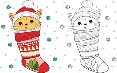 Cute Cat in Christmas Sock. Black and white lines. Coloring page for adults and kids. Activity Book.