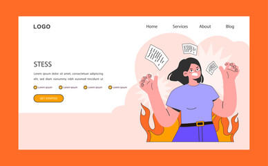 Professional burnout web banner or landing page. Stress. Young employee on fire at workplace. Work-life disbalance, burning deadline and stress. Woman under job pressure. Flat vector illustration